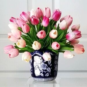 Pink Real Touch Tulips Centerpiece in Blue/White Vase - Faux Floral Arrangement